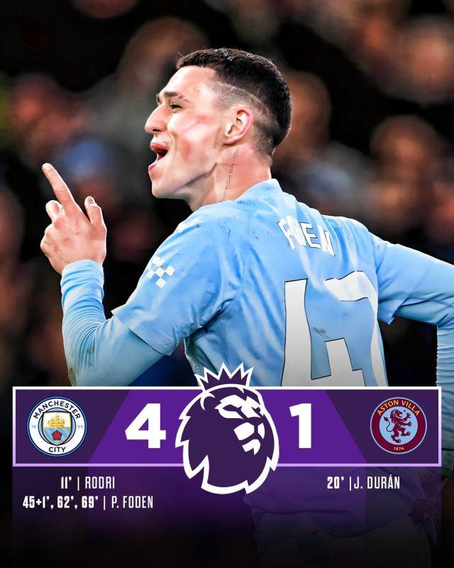 比分直播-【英超】福登戴帽罗德里传射，曼城主场4比1大胜维拉